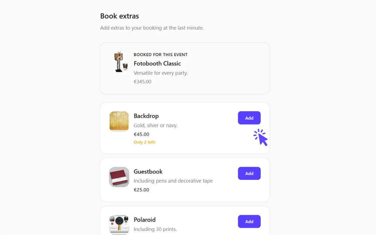 De productcatalogus met extra's in het Stripbuilder-klantportaal