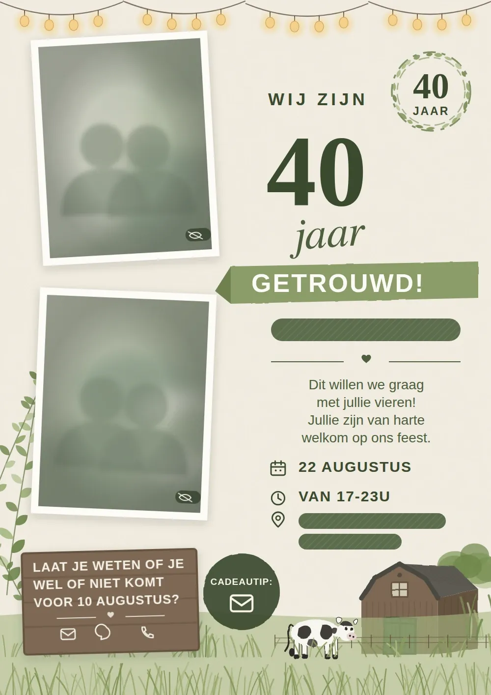 Een jubileumuitnodiging: crèmekleurige achtergrond, groene botanische illustraties, een houten schuur en een koe, met de namen, foto's en het adres afgeschermd