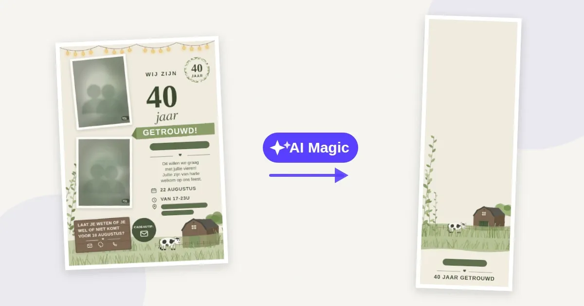 Links een jubileumuitnodiging, een pijl met het label AI Magic, en rechts de bijpassende fotostrip