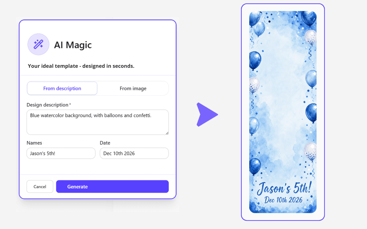 Het AI Magic-venster in de editor: een tabblad voor een beschrijving, een tabblad voor een geüploade afbeelding, velden voor namen en datum, en de gegenereerde strip ernaast